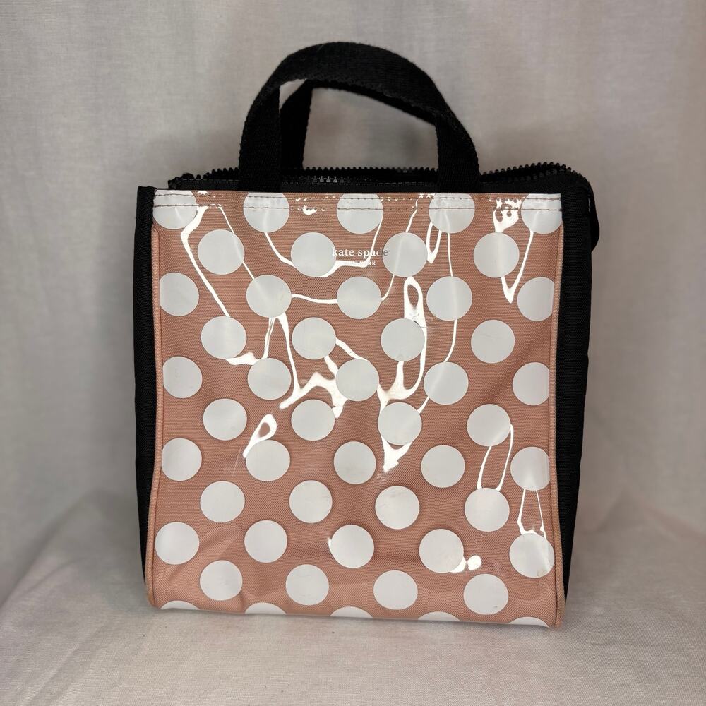 Kate Spade NY Insulated Lunch Tote Pink White Polka Dot Zip Bag 10x6x9